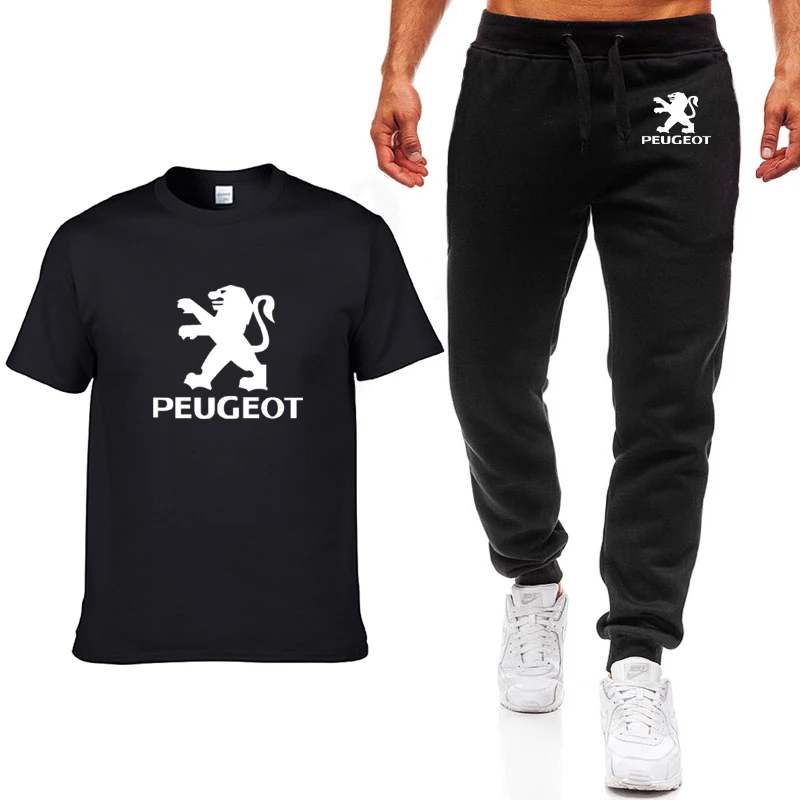 

Unisex Summer Casual Men T-shirt Peugeot Car Logo Printing Short sleeve Cotton Round Neck Men's T-shirt+pants 2 piece suit