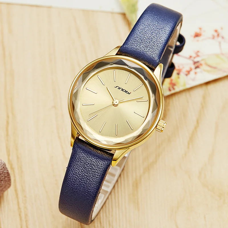 SINOBI Top Brand Women Watch Luxury Diamond Cut Dial Women Watches Fashion Simple Ladies Watch Waterproof Leather Clock