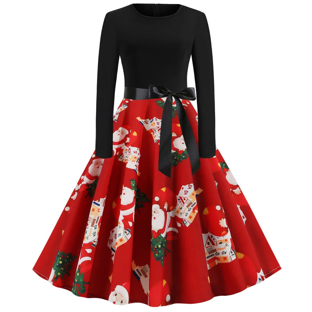 Vintage 1950s Hepburn style Christmas Dress Women Long Sleeve Print Pleated Party robe noel femme kerstjurk vestidos F1016 |