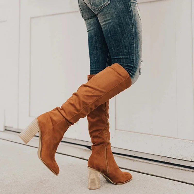 brown2 MoneRffi Bota Feminina; женские сапоги до бедра; модные замшевые сапоги на высоком каблуке; женские ботфорты на шнуровке; большие размеры - Цвет: brown2