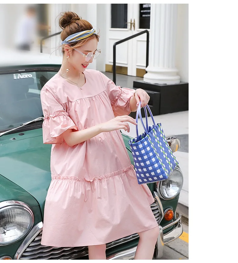 Maternity Summer New Korean Loose Cotton Fungus Round Neck Short Sleeve Mid-length Solid Color Dress | Мать и ребенок
