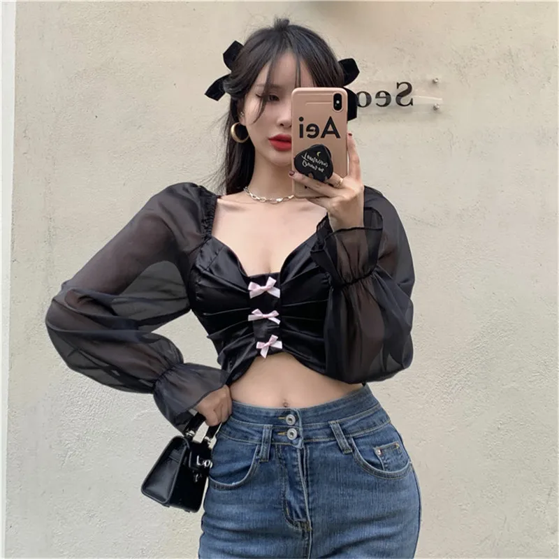 

Real Shot 2021 New Fashion Chiffon Stitching Lantern Long-Sleeved Bowknot Collar Casual Top