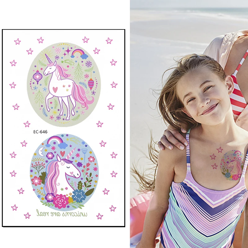 Мультяшный Единорог радуга тату наклейки Детские Свадебные украшения для дня