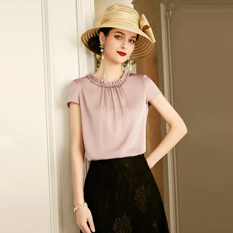 

SHZQ Silk Shirt Female 2021 New Round Neck Pink Short Sleeve Top Fashion Mulberry Silk Shirt Summer