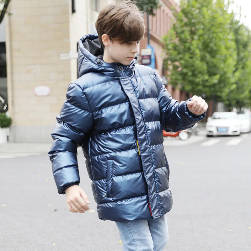 

7-16Y Boys Winter Coat Parka Cotton-wadded Jacket Big Kids Bronzing Hooded Warm Down Jacket Teens Thicken Waterproof Outerwear