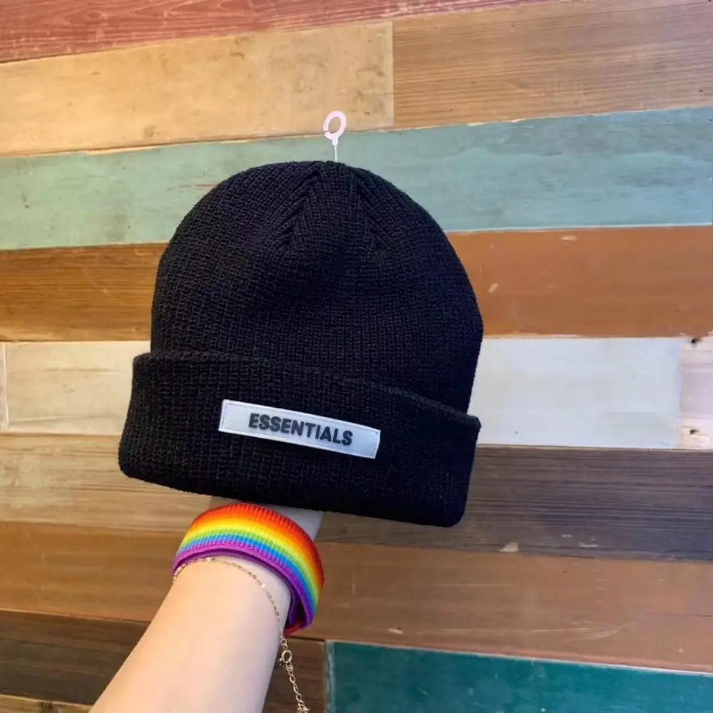 Black Beanie Winter Hats For Women Ladies Men Brimless Watch Docker ESSENTIALS Skull Cap Bonnet Autumn Knitted Hip hop Skullies Cuffed - Color: Black