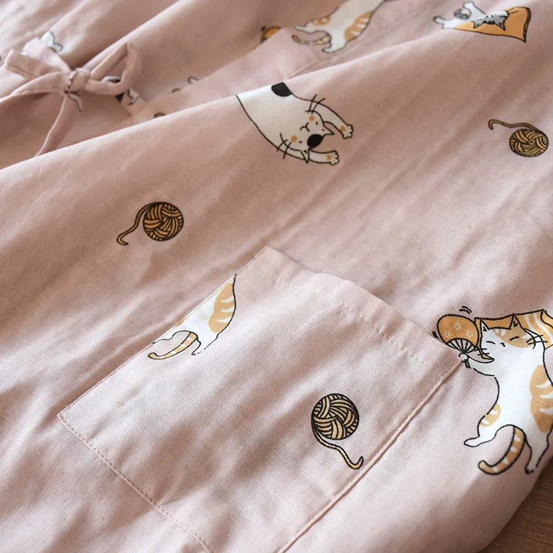 

Women Cotton Pajama Sets Bathrobe Cat Print Lady Sleepwear Gauze Kimono Cardigan Spa Pijamas One Piece Harajuku 2021 Homwear