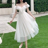 fairy dress slip mesh white midi dress woman ruffle off shoulder sexy party dresses for women 2022 korean beach long