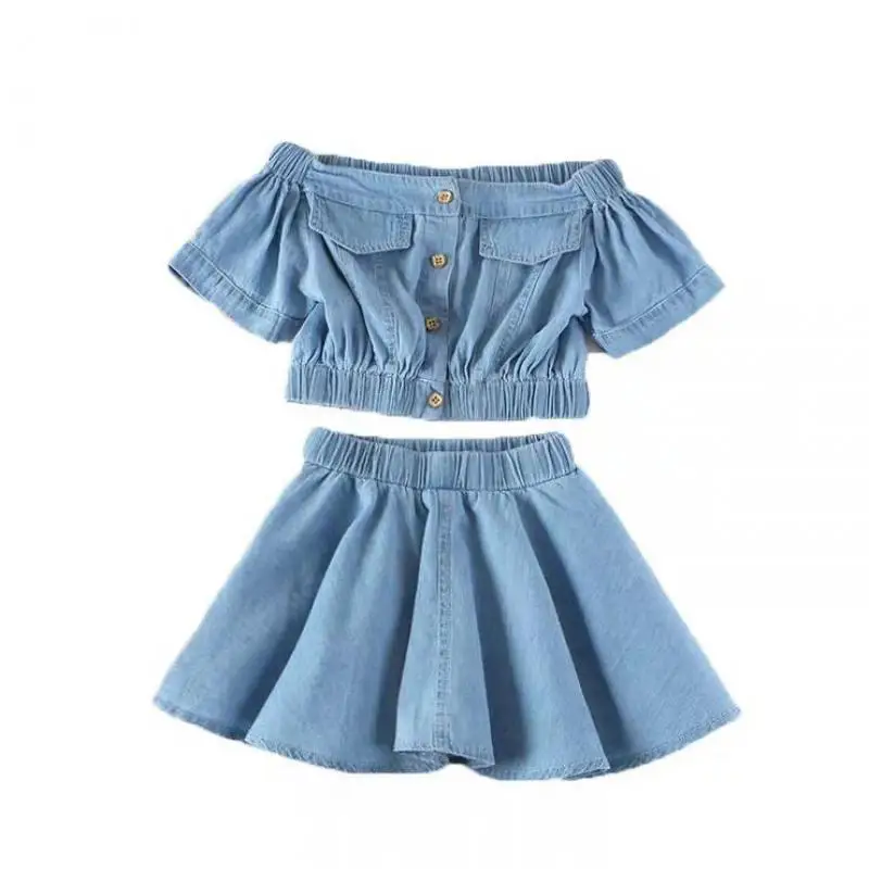 

Summer Toddler Girls 2PCS Set Korean Baby Girl Jeans Crop T Shirt Tops+Pleated Skirt Kids Denim Suit Children Clothes 2 3 4 5 6