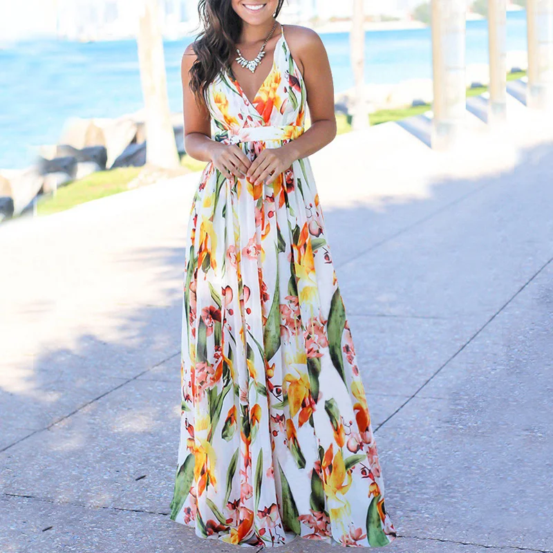 

Bohemian Fashion Summer Beach Dress Women Floral Print Pleated Backless Slip Maxi Dress