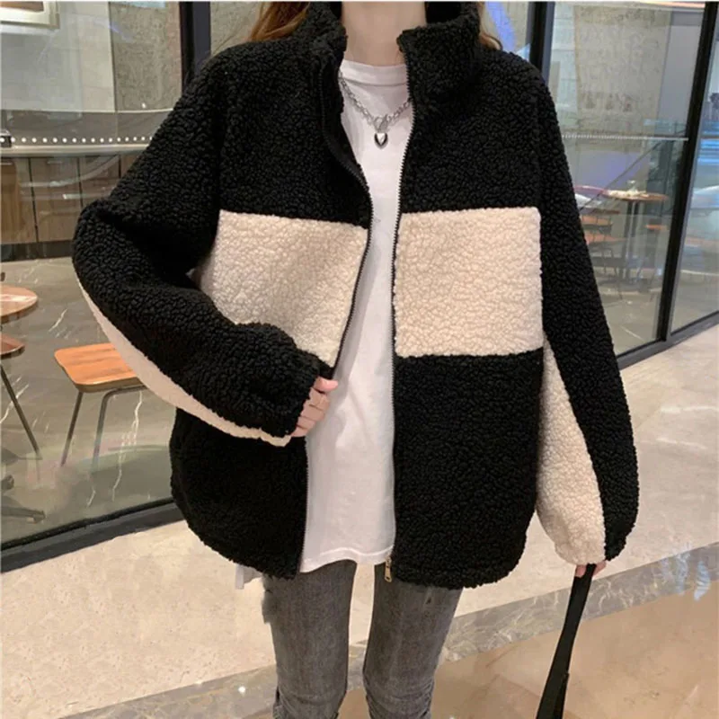 

Autumn Winter new Fashion Turn-down Collar Zipper Women's Jackets Casual Loose Long Sleeve Lamb Wool Keep Warm Lady Jackets Coat