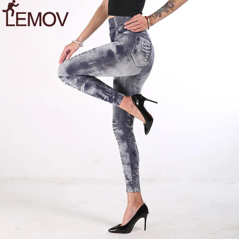 Женские обтягивающие брюки из искусственной джинсовой ткани с завышенной талией