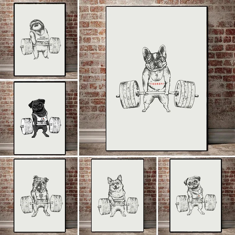 

Cartoon Animal Bulldog Weightlifting Exercise Canvas Painting Wall Art Pictures Posters Prints for Living Kids Room Home Decor