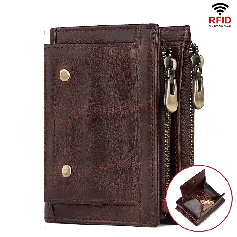 

Crazy Horse Leather Men's Wallet Coin Purse RFID Antimagnetic Male Retro Double Zipper Money Bag Card Holder