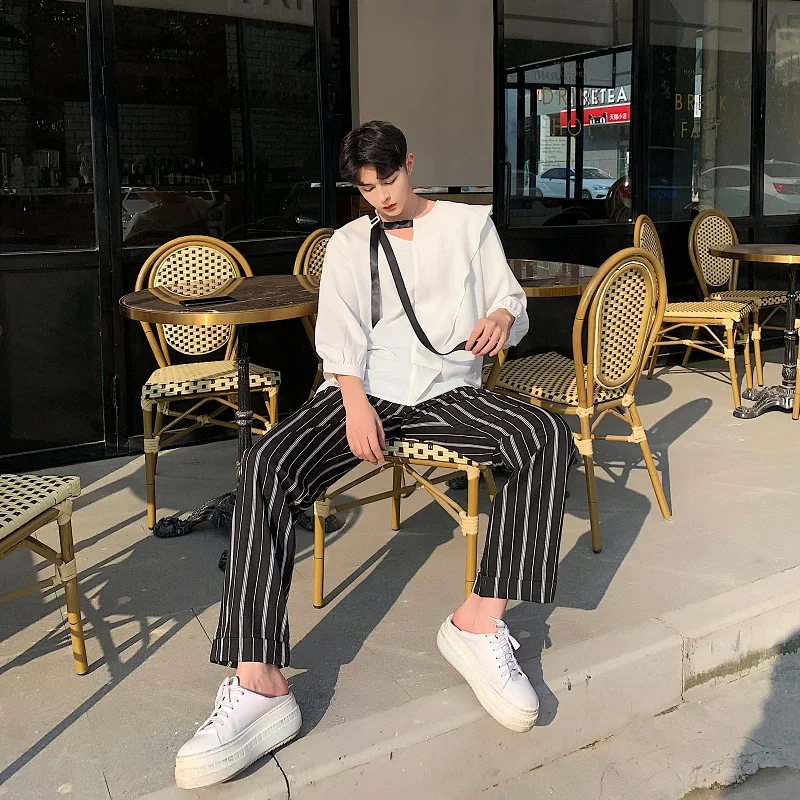 

Men Summer Lotus Leaf Collar Ribbons Loose Casual White Pullover Shirt Male Women Streetwear Party Dress Shirt Couple Clothing