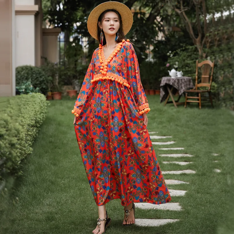 

Loose Bohemian Dress Long Sleeve Floral Print V-Neck Maxi Women Clothes 2021 Summer Fashion Trend Beach Holiday Casual Outwear
