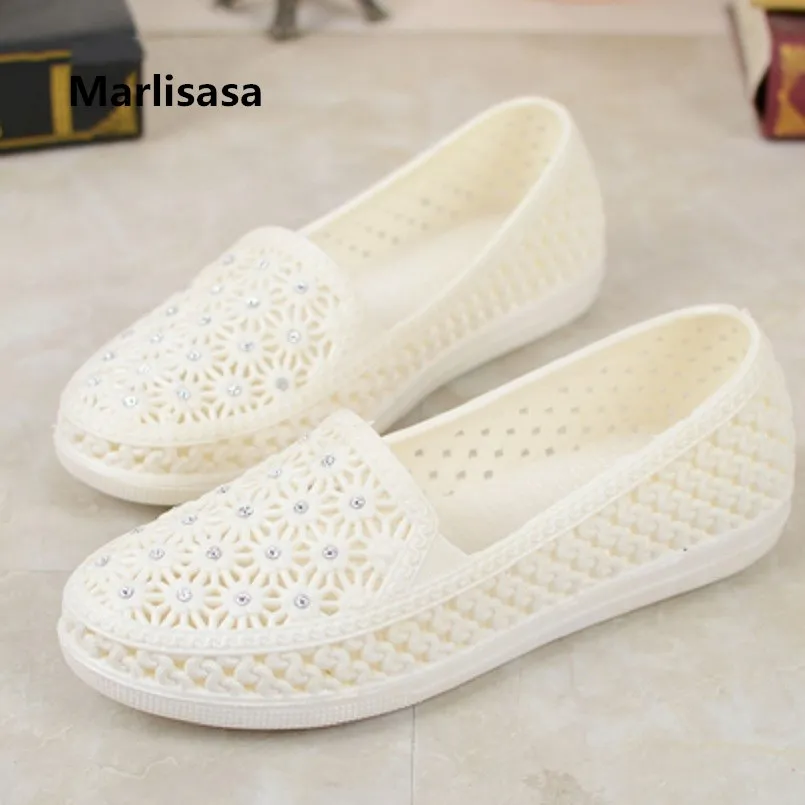 

Marlisasa Lady Crystal Light Weight Anti Skid Rubber Beach Flat Shoes Women Casual Beige Hollow Out Comfort Summer Shoes H696