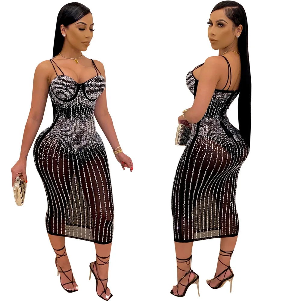 

Summer 2021 Clothes Solid Sleeveless Empire Cotton Office Lady A-LINE Diamonds Spaghetti Strap V-Neck Dresses for Women
