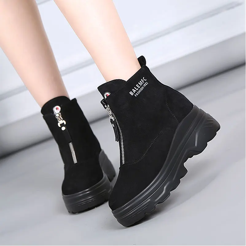

2019 new winter plus velvet Martin boots female British style fashion front zipper thick bottom short boots flat casual shoes