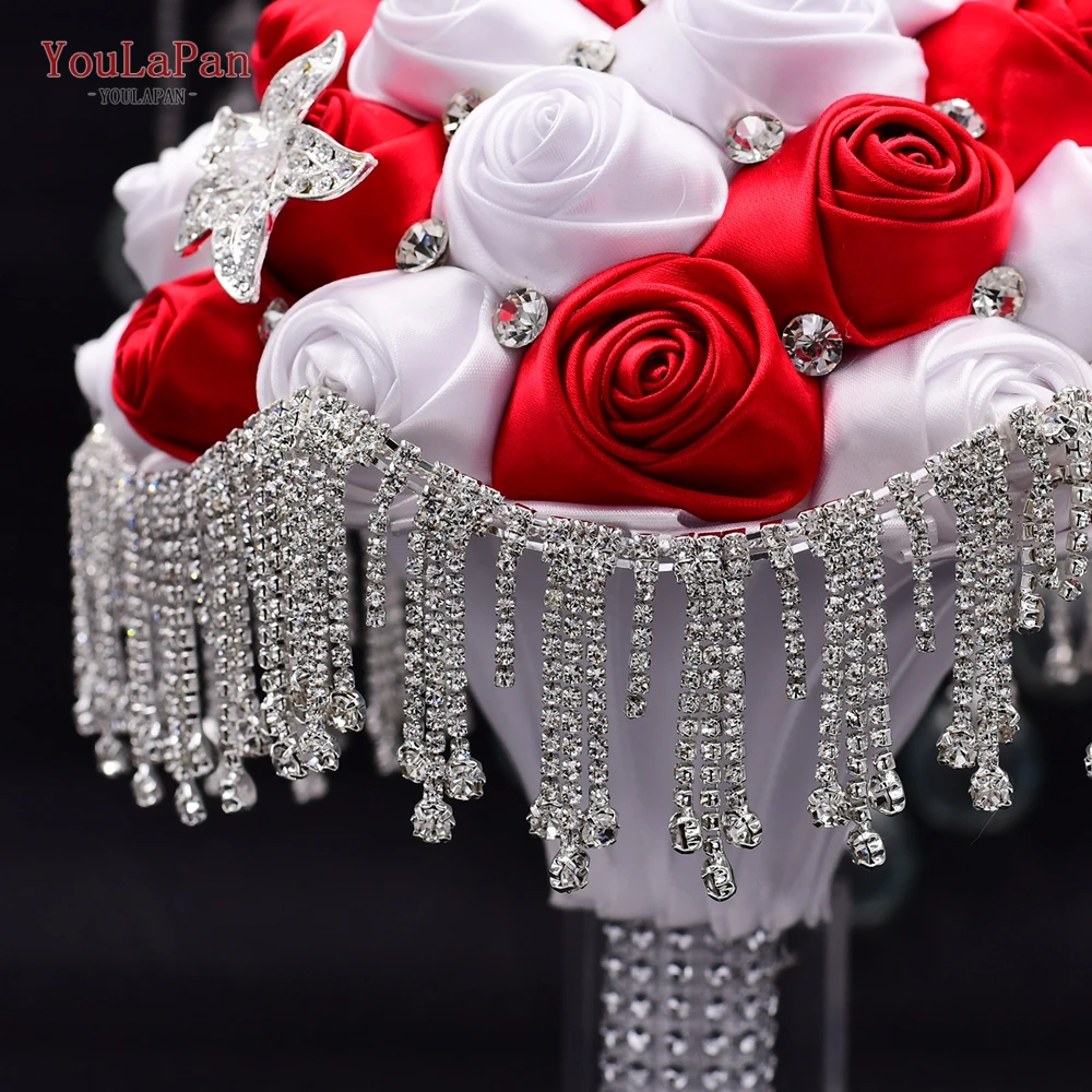 

YouLaPan SF4-WRD Gorgeous Wedding Flowers Bridal Bouquets Crystal Sparkle Red Rose Bridal Bouquet Holders with Tassel