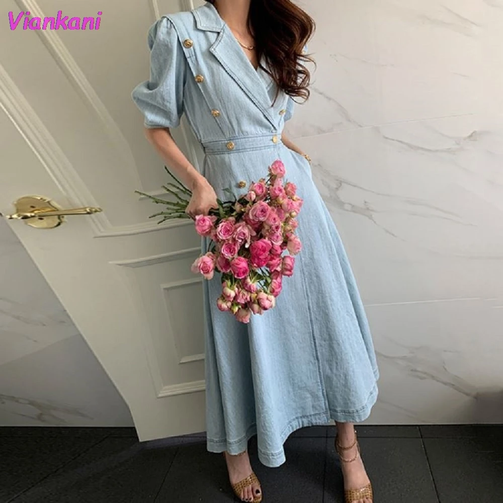 

Vintage Woman Dress Cowboy Puff Sleeve Sequined Double Breasted Dress 2021 Summer New Chic Turn-down Collar Solid Denim Dresses