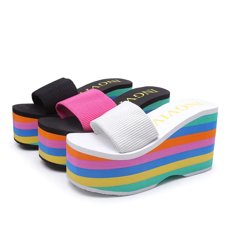 

High-Heeled Shoes Lady House Slippers Platform Multicolored Sandals Low Slides Fashion On A Wedge Slipers Women Luxury 2021 PU B