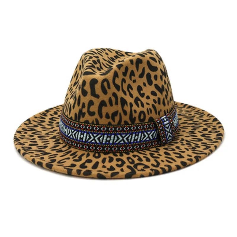 

fedora hat women men leopard print wide brim multicolor winter hats women casual vintage western cowboy khaki black felted hats