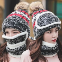 3 pcsset with mask winter hats for women quality knitted hat girl faux fur pompoms hat warm add fur lined protective hat