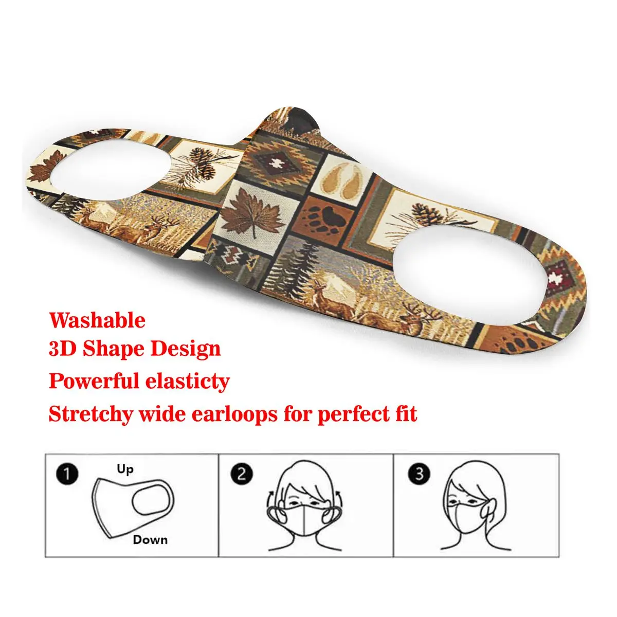 

Washable Earloop Mask 3D Vintage Northern Wildlife Bear Deer Cycling Anti Dust Mouth Face Care Respirator for Summer