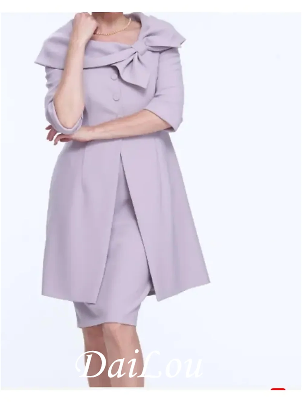 

Two Piece Mother of the Bride Dress Wrap Included Scoop Neck Knee Length Satin Half Sleeve with Bow(s) Ruffles Ruching 2021