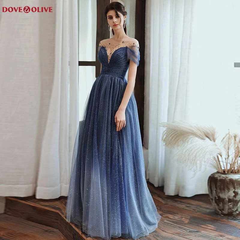 

Blue Burgunday Evening Dresses Party Dresses Women Evening Elegant Beaded Sequined Sparkle Bling Prom Gowns Stock Sheer Neck
