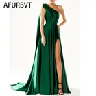 Соблазнительное атласное платье макси на одно плечо с подкладкой и разрезом, женское вечернее платье с лентой, длинное платье с драпировкой Королевского зеленого цвета