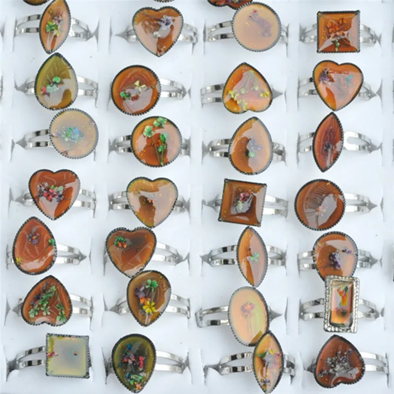 

Newest 10pcs/set Dried Flowers Temperature Changing Color Mixed Plant Heart Shape Rings Kids Cute Funny Jewelry
