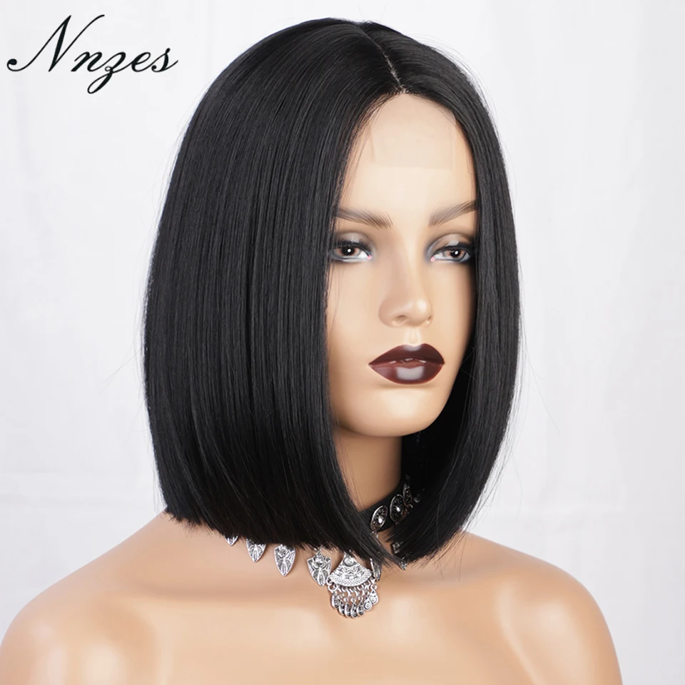 

NNZES 12inches Short Straight Black Wig Middle Part Synthetic Wigs for Women Brown Red Bob Wigs Heat Resistant Fiber