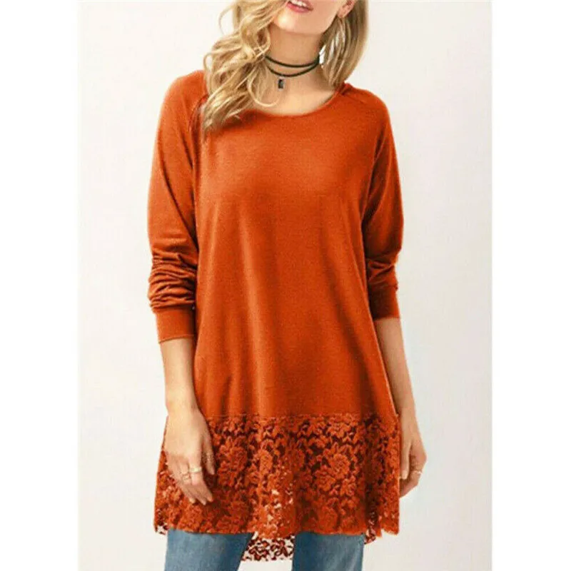 

Vogue Plus Size Womens Autumn Casual Round Neck Long Sleeve Solid Loose Tunic Lace Top Shirt Dress
