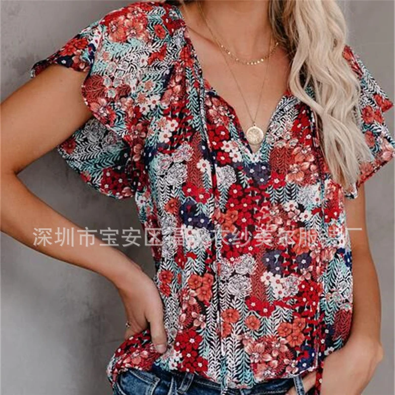 

Lace Up Women Tshirts Tops 2020 Summer Floral Print V-neck Casual Elegant Shirts