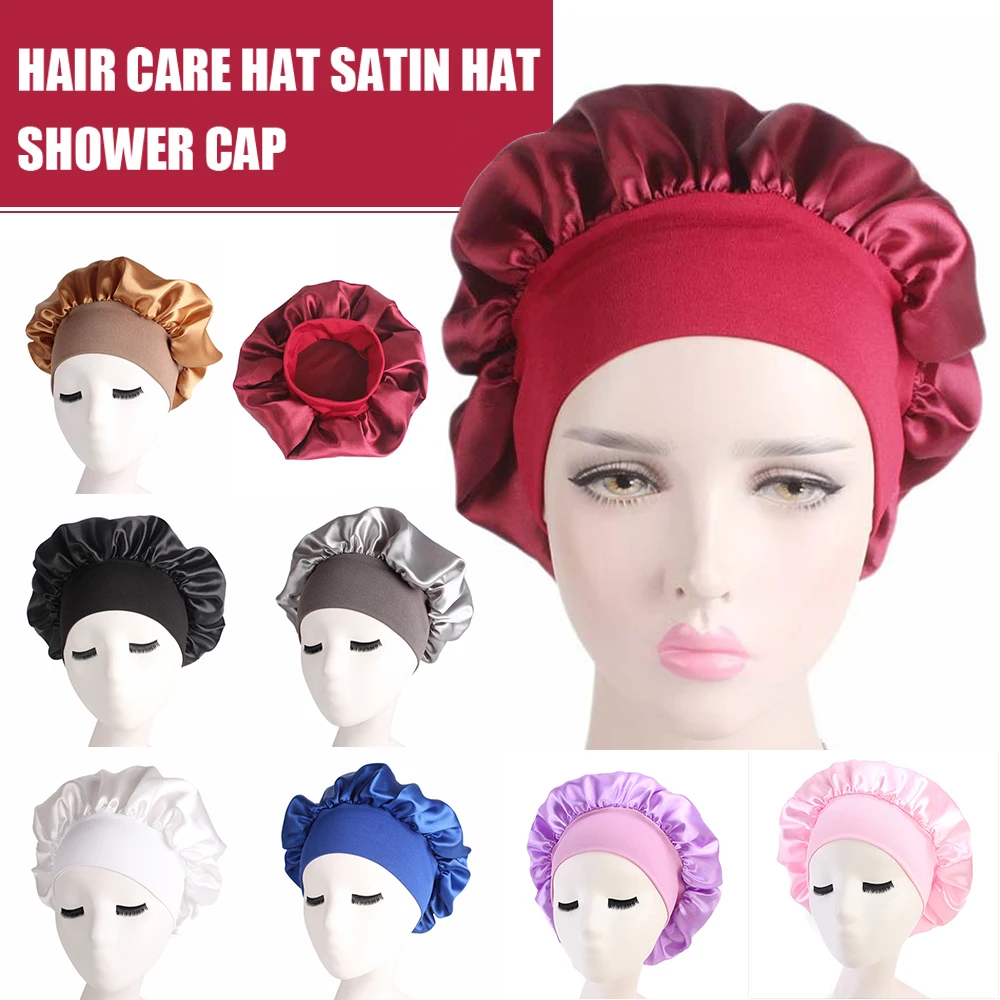 

58cm Solid Color Long Hair Care Women Satin Bonnet Cap Hat Silk Head Wrap