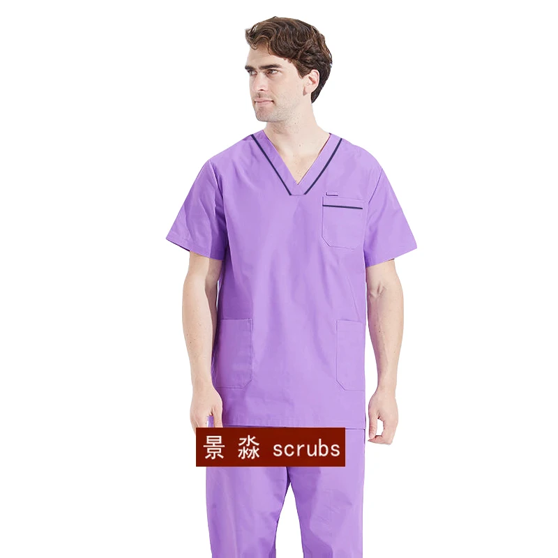 

Plug Size Men Scrub Set Short Sleeve Scrub Top Cotton Workwear Color Blocking Medical Uniforms V Neck Coveralls Surgical Pants
