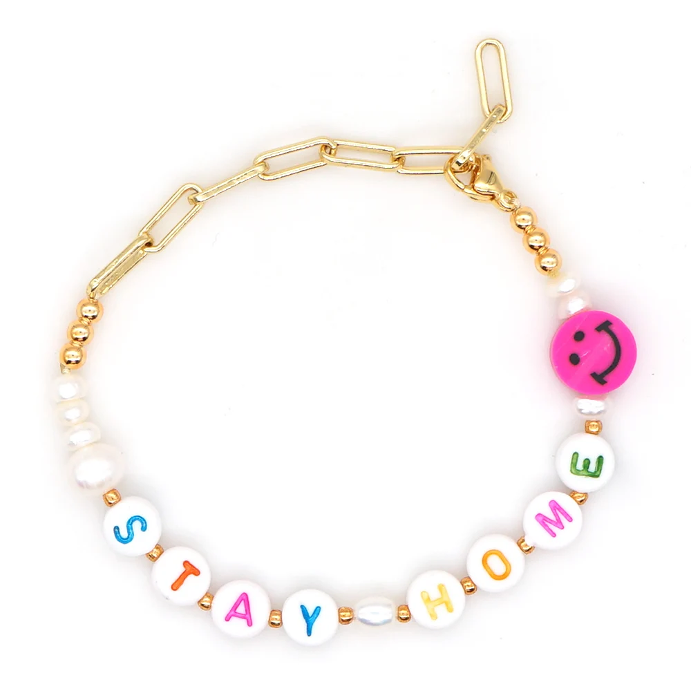

GO2BOHO Letter Bracelets Charm Women Jewelry Stainless Steel Chain Bracelet Handmade Gift Smile Freshwater Pearl Braclet