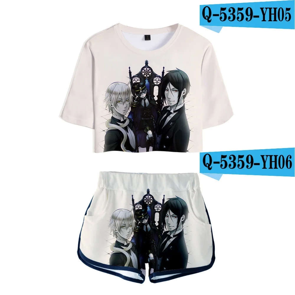 

Japanese anime black Butler 3D printing sexy open navel short T-shirt Shorts Set summer