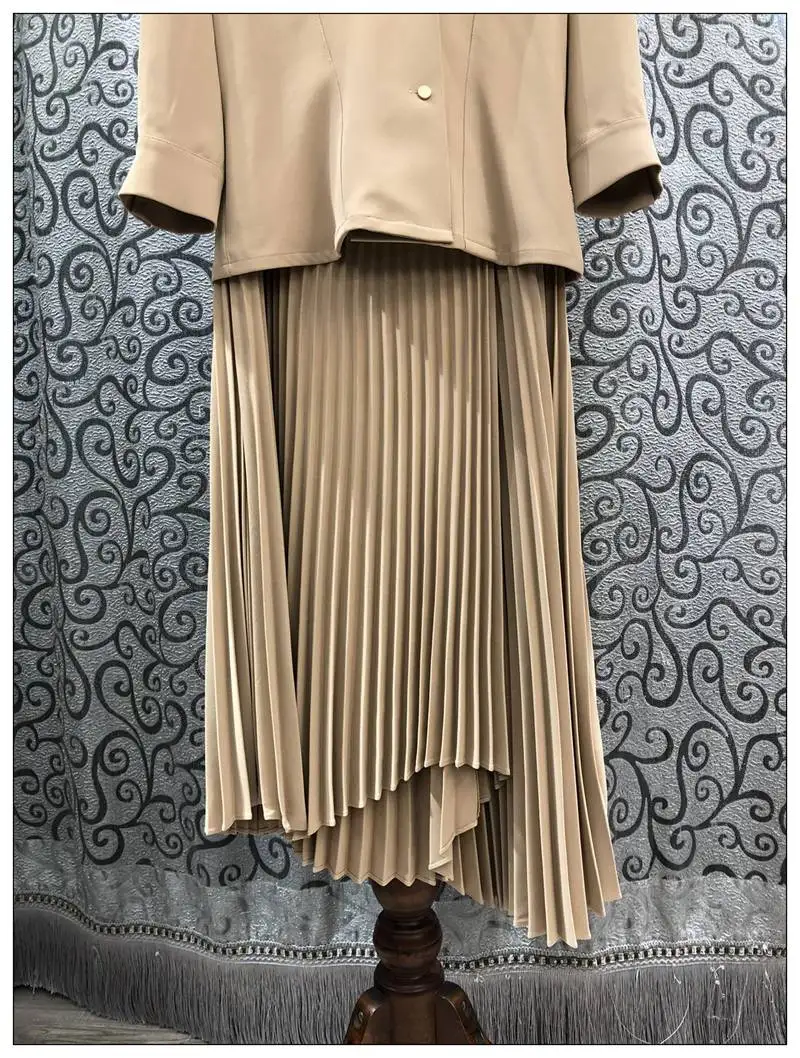 

Top Quality Women's Set 2021 Spring Business Suit Woman Notched Collar Button Shirts+High Waist Pleated Maxi Skirt Sets Female