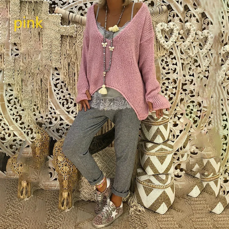 Новый плюс размер женский пуловер V шеи свободный свитер неравномерной длины