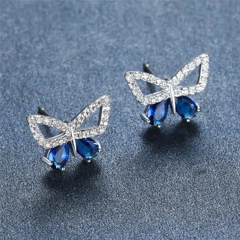 

Luxury Female Purple Blue Zircon Earrings Classic Silver Color Wedding Jewelry Charm Crystal Butterfly Stud Earrings For Women