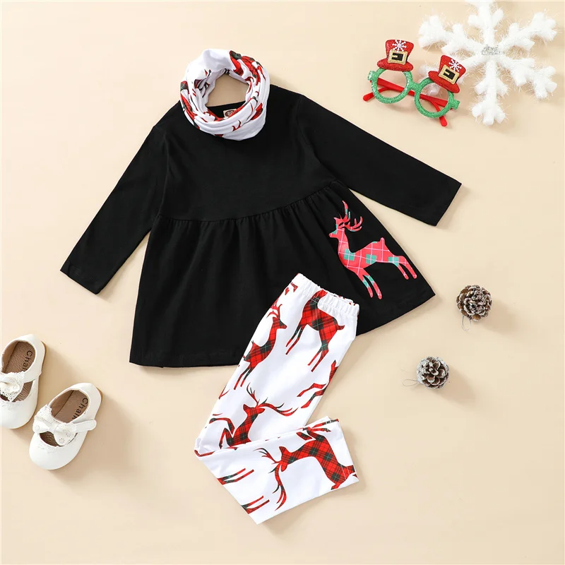 

Рождественская Одежда для маленьких девочек 3 шт., Топ с длинным рукавом + брюки + шарф-хомут, 6 месяцев-4 года