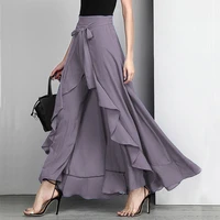 women palazzo pants 2021 causal ruffle drawstring trouser elegant high waist irregular loose pure color autumn female pant skirt
