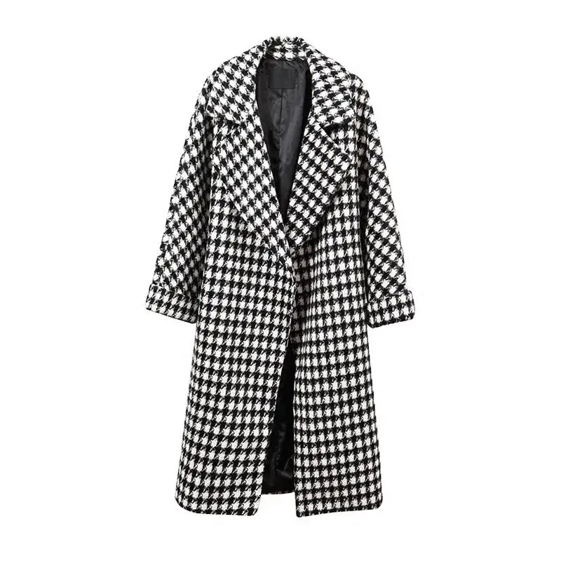 

Women 2020 New Warm Black White Plaid Outerwear Winter Plaid Women Wool Coats Turn-down Collar Loose Thick Long Jackets