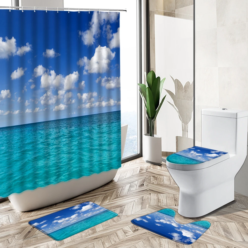 

Ocean Beach Dolphin Landscape Shower Curtain Summer Green Plant Leaf Sea Scenery Home Deco Bath Mat Toilet Cover Bathroom Carpet