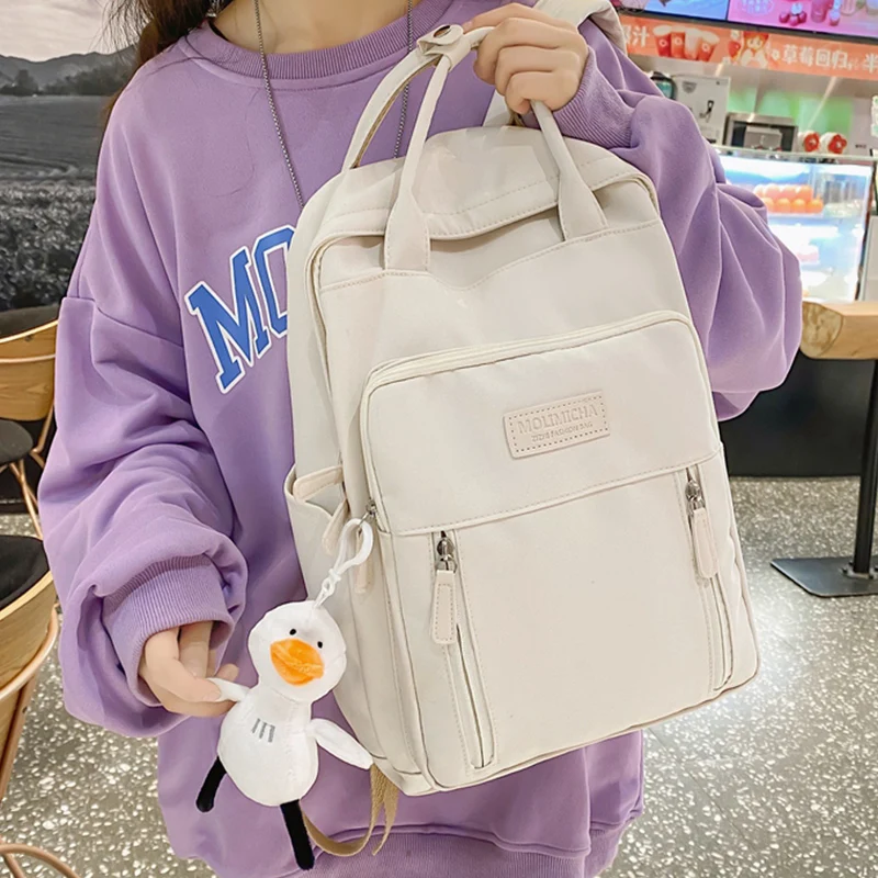 

EST New Solid Color Multi-functional Girl Kawaii Schoolbag Women Shoulders Waterproof Nylon Book School Bag Female Bolsa Mochila