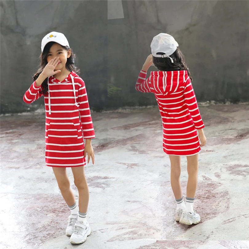 Платья с длинными рукавами для маленьких девочек милое мини-платье в полоску
