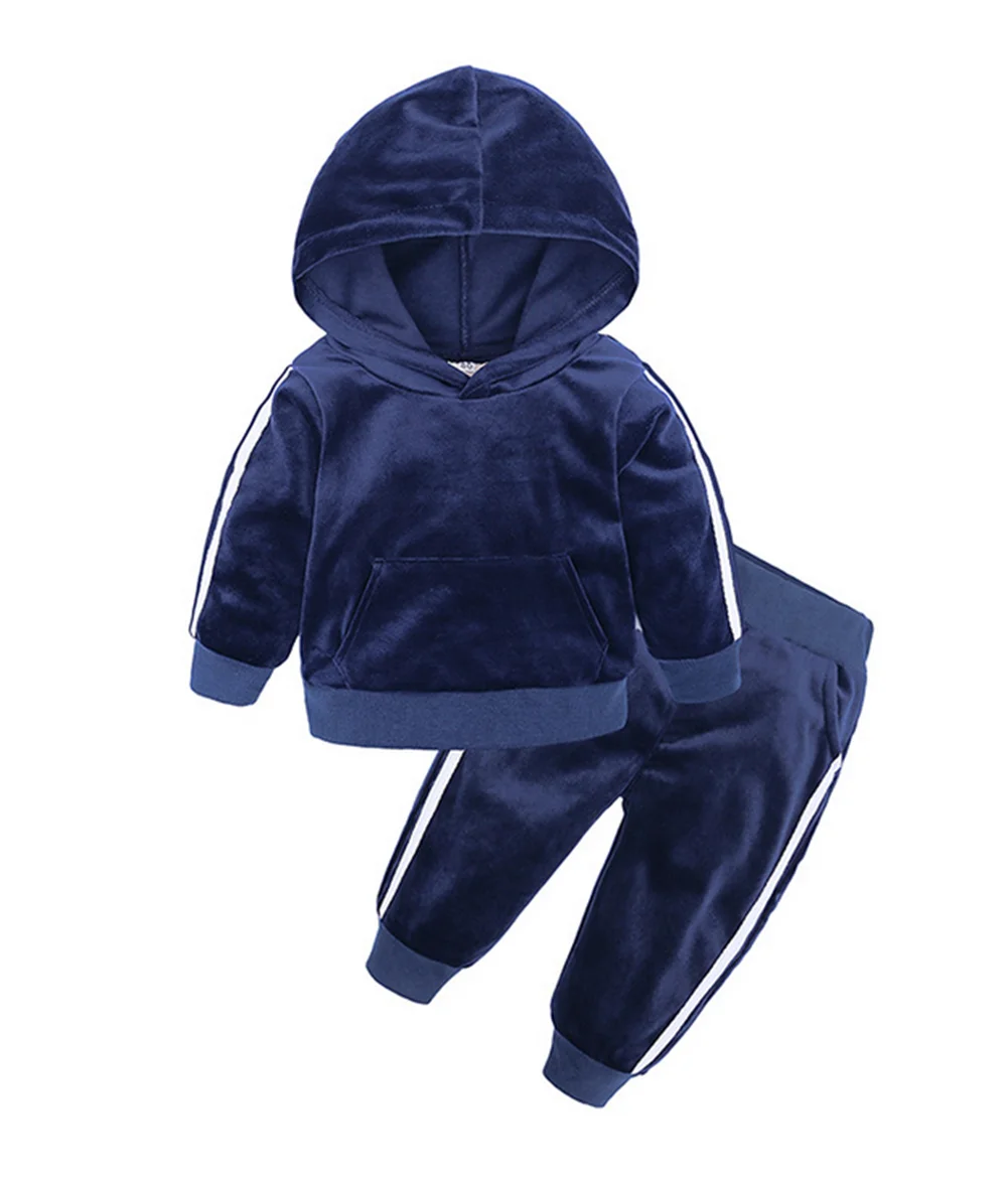 

Осенний комплект одежды для маленьких девочек и мальчиков, вельветовый свитшот с длинным рукавом и капюшоном в полоску + длинные штаны, детс...